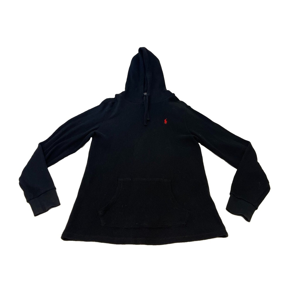Polo Ralph Lauren Men's M Cotton Waffle Knit Pullover Black Hoodie Logo Pocket